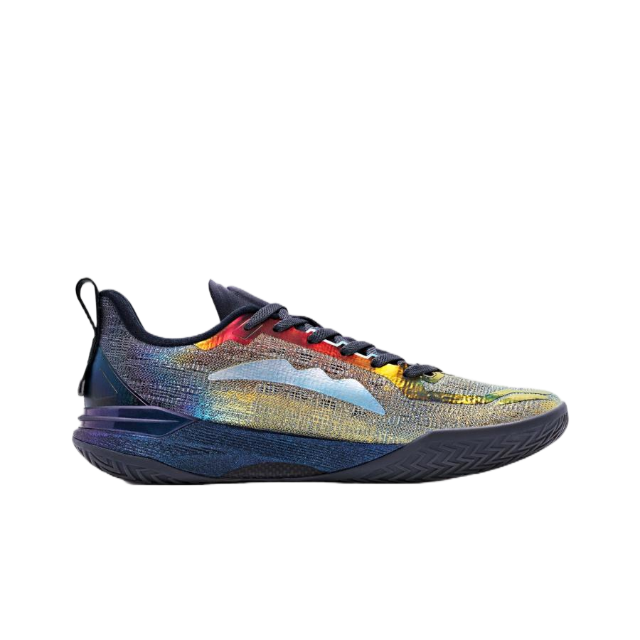 Basketball shoe 3/4 view, multicolor upper with red eyelets and dark navy lining.