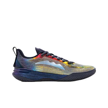 Basketball shoe 3/4 view, multicolor upper with red eyelets and dark navy lining.