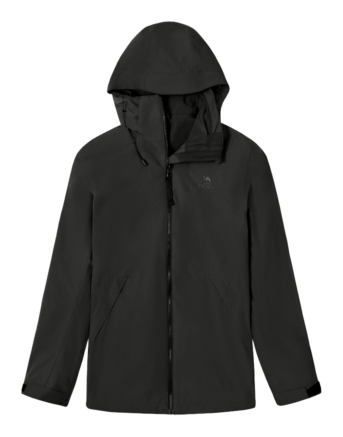 All-black windbreaker jacket with hood, full zip, subtle CAMEL logo at chest.