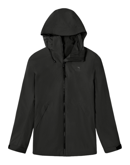 All-black windbreaker jacket with hood, full zip, subtle CAMEL logo at chest.
