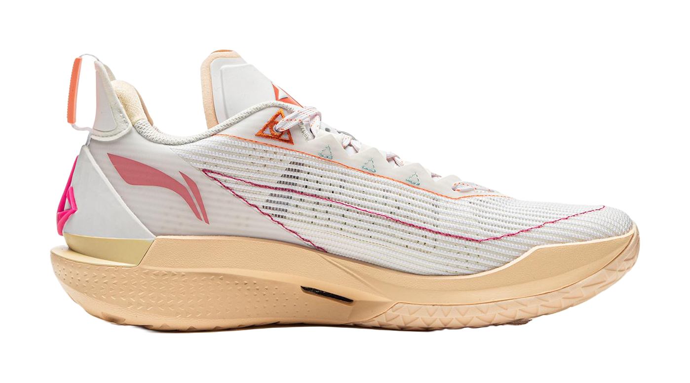 White/Orange basketball shoe with knit texture, side logo, and beige outsole