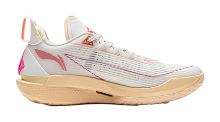 White/Orange basketball shoe with knit texture, side logo, and beige outsole
