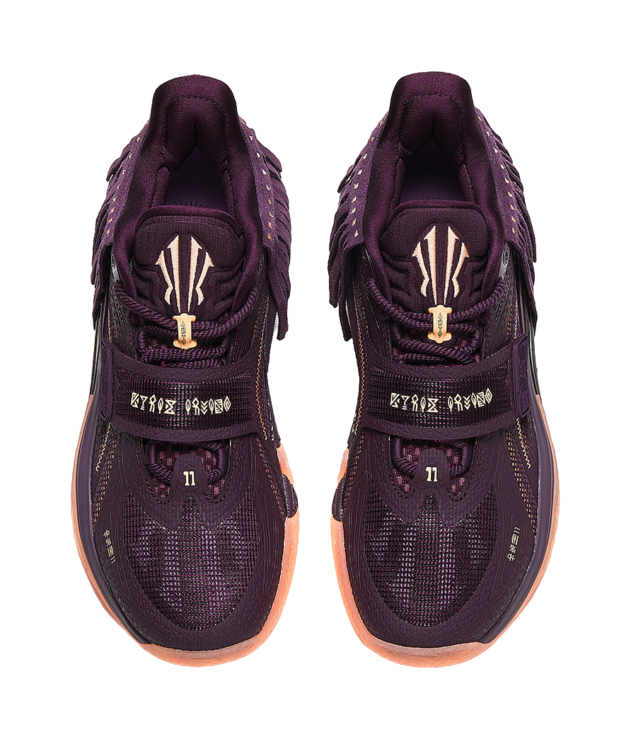 Purple basketball shoe tongue and laces, crest logo on sockliner, fringe upper