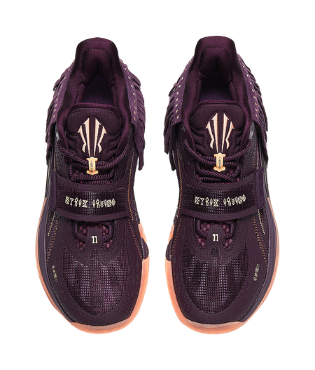 Purple basketball shoe tongue and laces, crest logo on sockliner, fringe upper