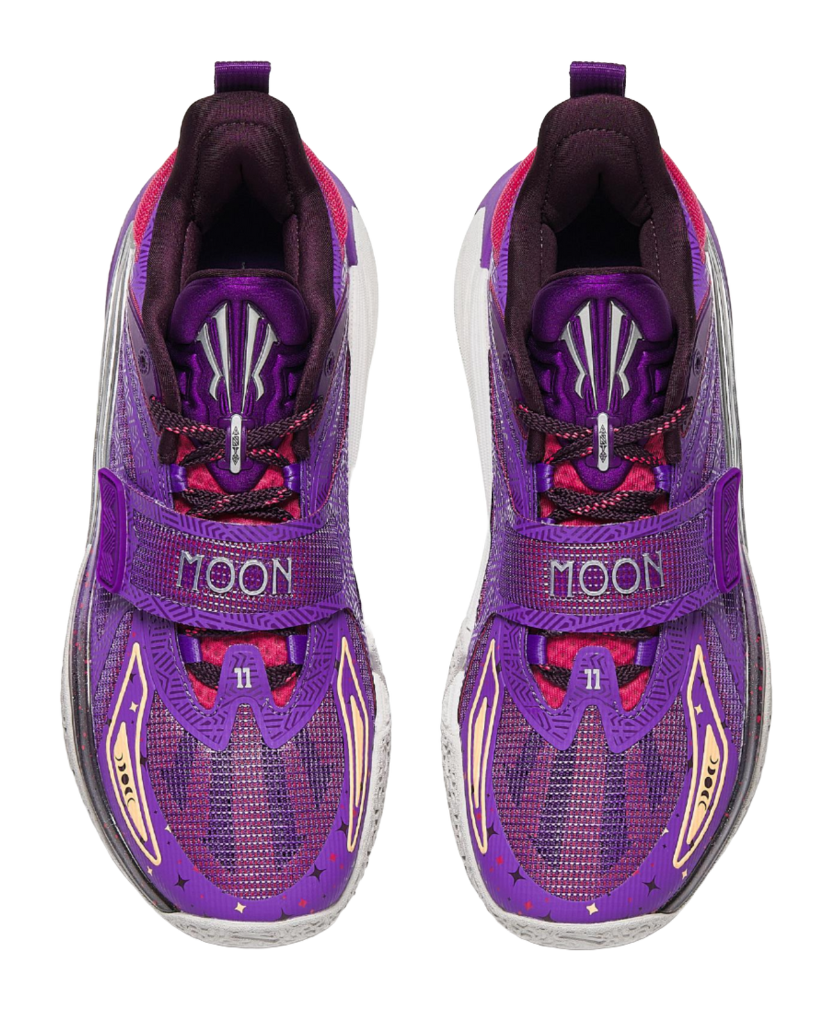 Purple basketball shoes with “MOON” on tongues, red laces, and cushioned collar.