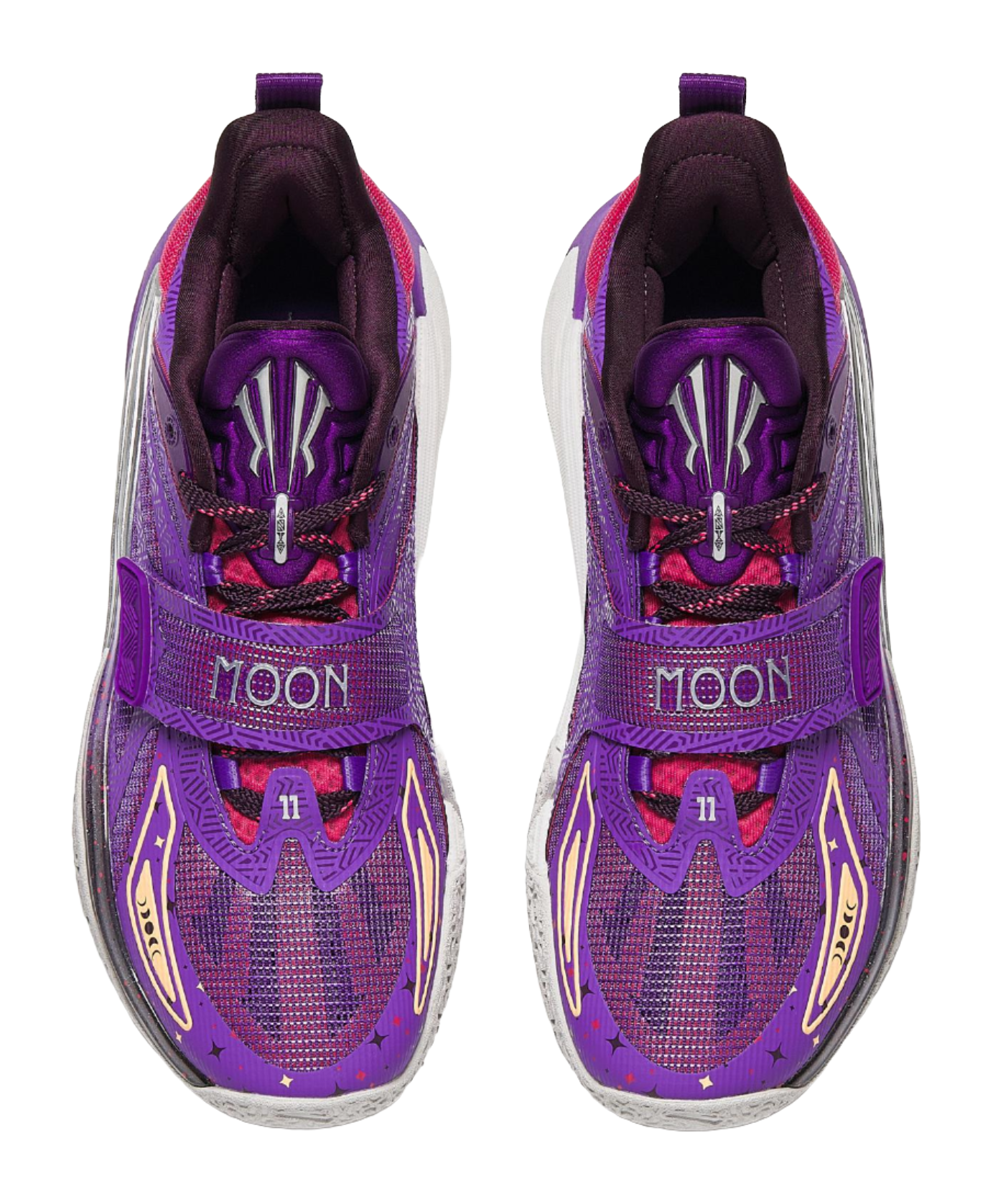 Purple basketball shoes with “MOON” on tongues, red laces, and cushioned collar.