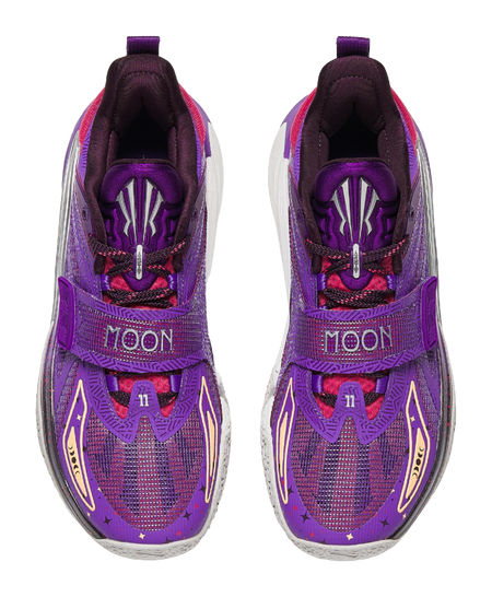 Purple basketball shoes with “MOON” on tongues, red laces, and cushioned collar.