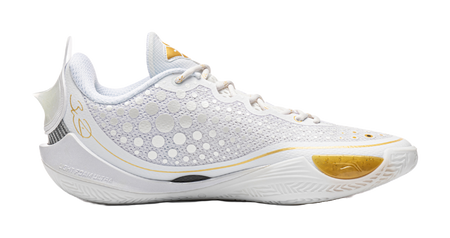 Low basketball shoe side view, perforated knit upper with gold-toe trim and white laces