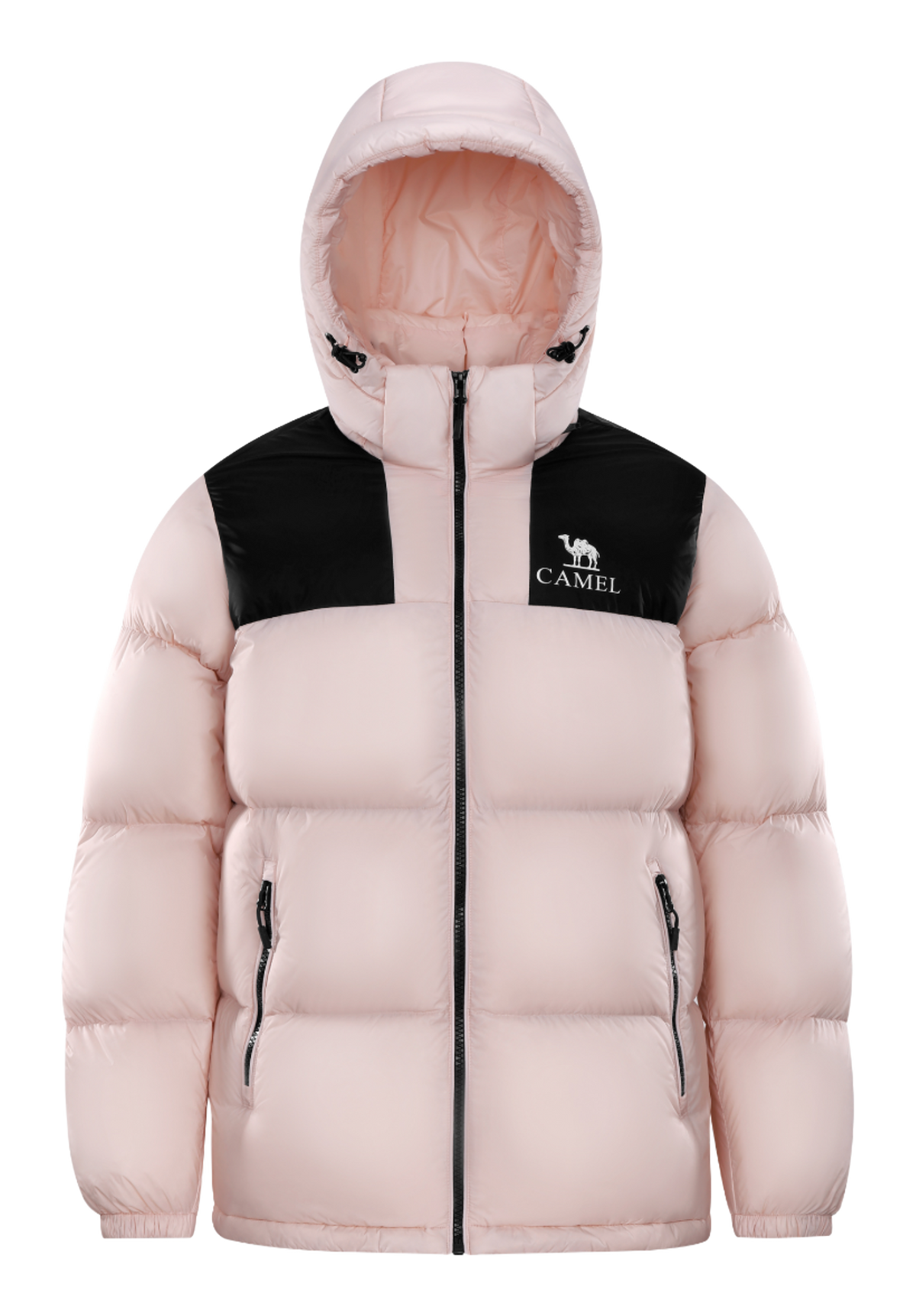 Unisex hooded puffer down jacket in light pink with black chest panel and zipper