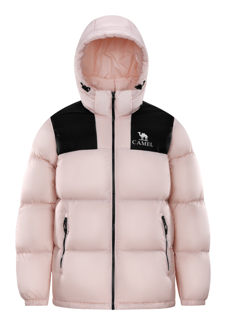 Unisex hooded puffer down jacket in light pink with black chest panel and zipper