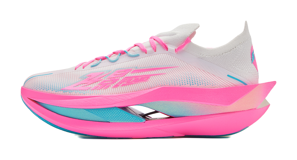 Low-top running shoes, white upper with pink laces and blue details, bright pink outsole