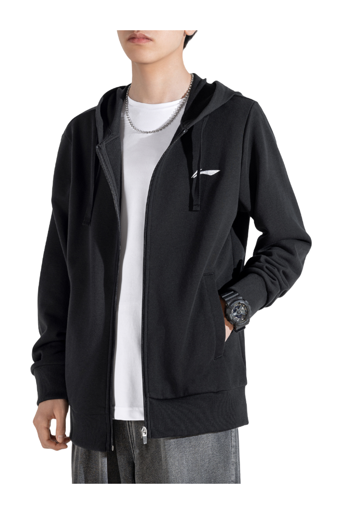 Men’s black zip-up hooded sweatshirt worn over white T-shirt, front pockets and drawstring hood