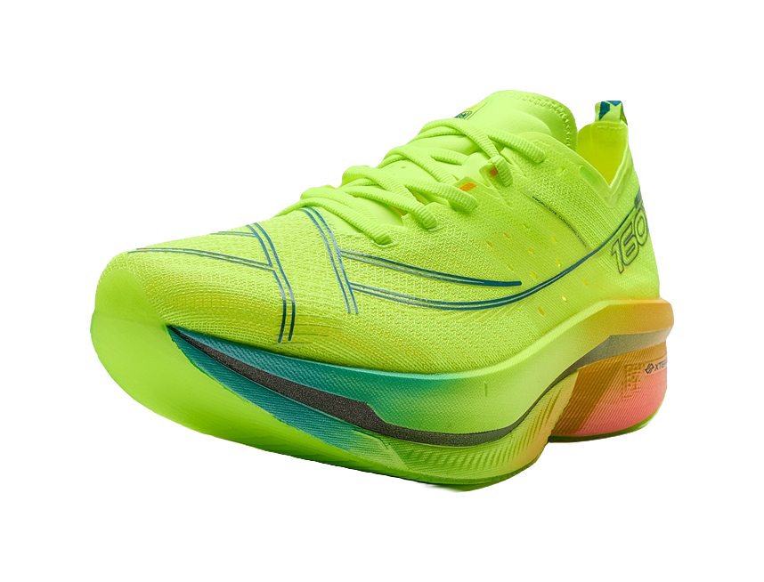 Neon green low-top running shoes with lace-up front and cushioned heel
