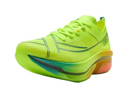 Neon green low-top running shoes with lace-up front and cushioned heel