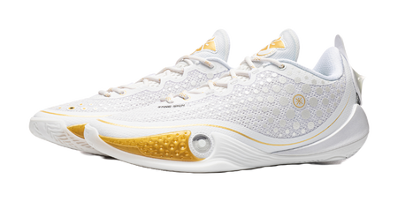 Low basketball shoe front profile, speckled white knit with gold logo accent and padded collar
