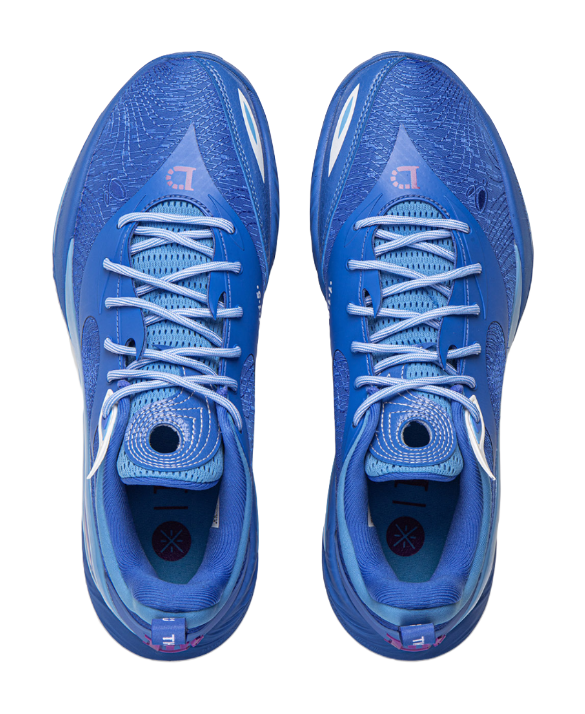 Pair of blue basketball shoes shown from the toe with lace-up and padded tongue