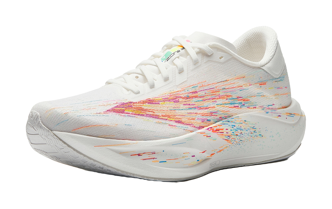 White running shoe with rainbow flecked pattern, lace-up closure, cushioned sole