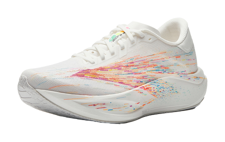 White running shoe with rainbow flecked pattern, lace-up closure, cushioned sole