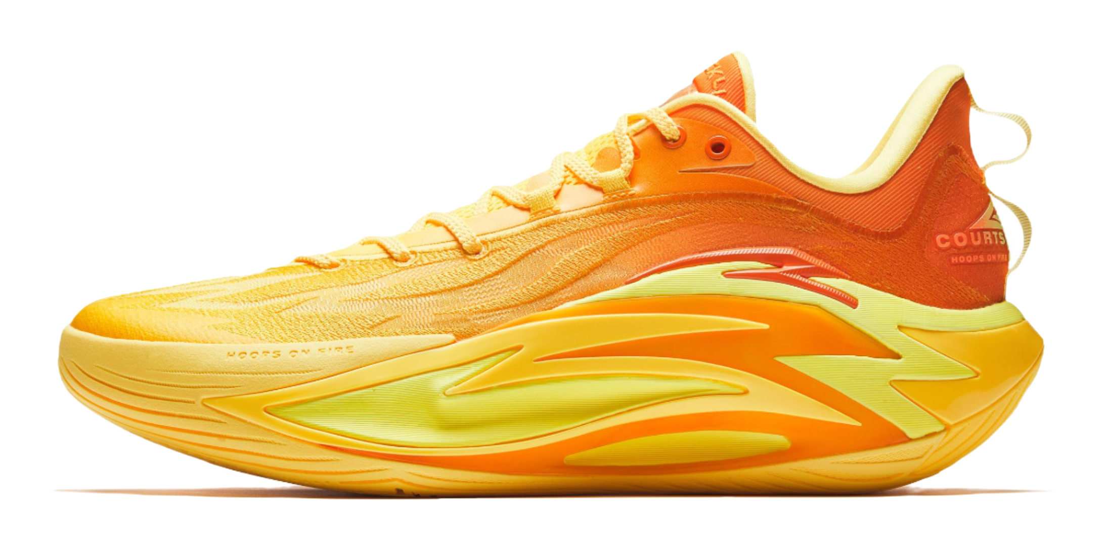 Yellow and orange basketball shoe with lime accents, lace-up upper and curved side panel.