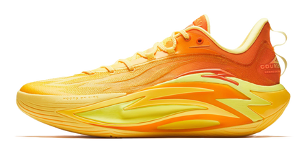 Yellow and orange basketball shoe with lime accents, lace-up upper and curved side panel.