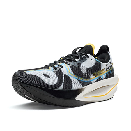Marathon racing shoe with white and black camo pattern, yellow accent, lace-up