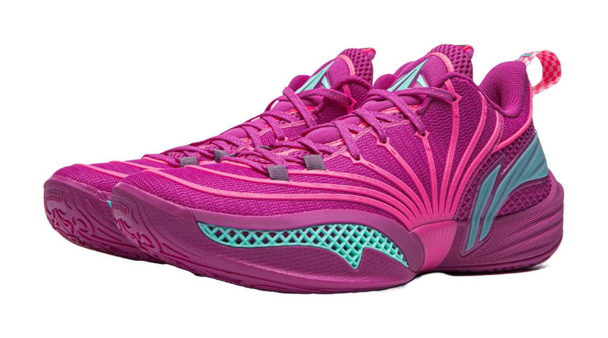 Pair of purple basketball sneakers with teal trims and pink patterned laces.