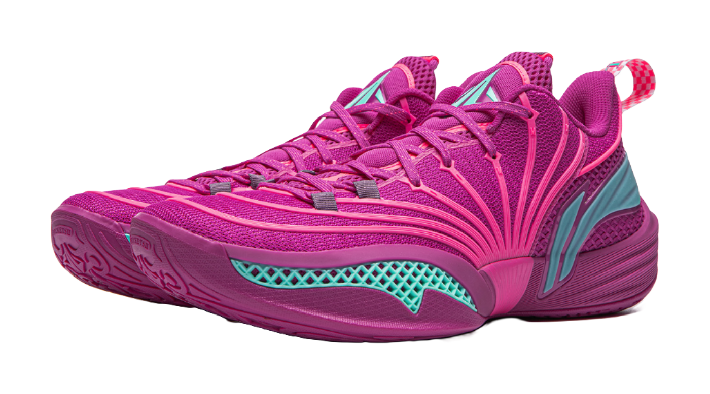 Pair of purple basketball sneakers with teal trims and pink patterned laces.