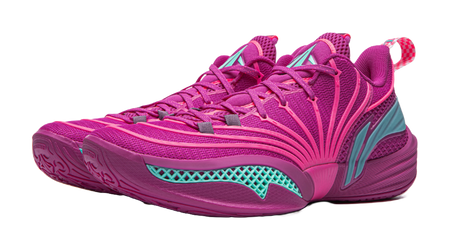 Pair of purple basketball sneakers with teal trims and pink patterned laces.