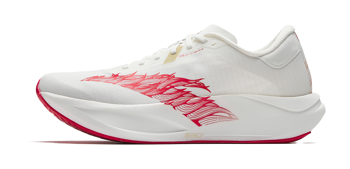 White running shoe with red dragon side graphic and gold accents