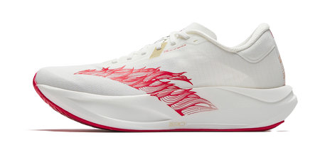 White running shoe with red dragon side graphic and gold accents