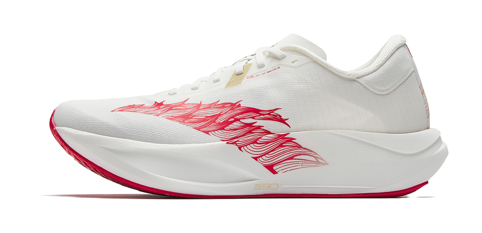 White running shoe with red dragon side graphic and gold accents
