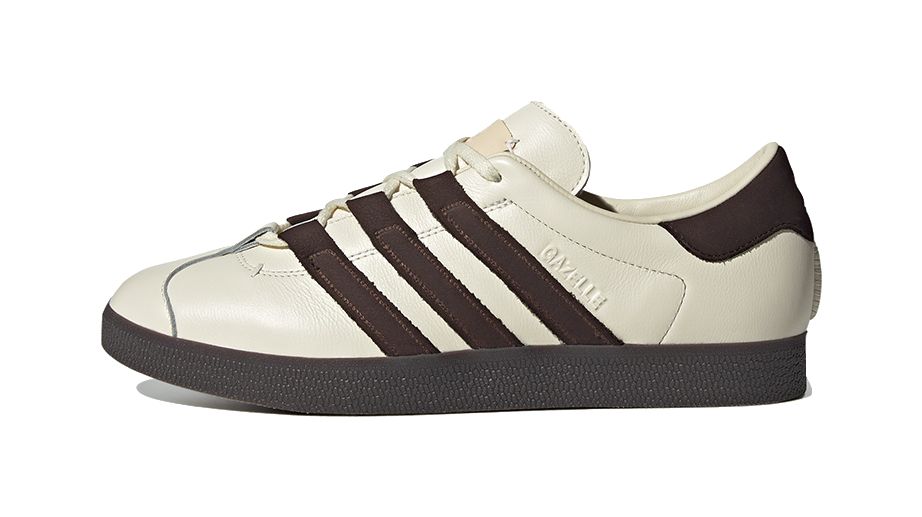 Unisex low-top skate shoes, cream leather uppers with dark brown stripes