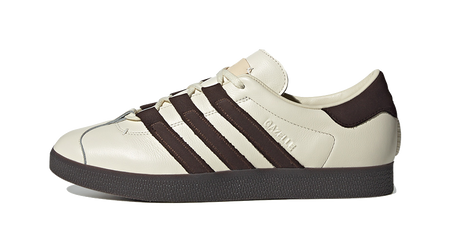 Unisex low-top skate shoes, cream leather uppers with dark brown stripes