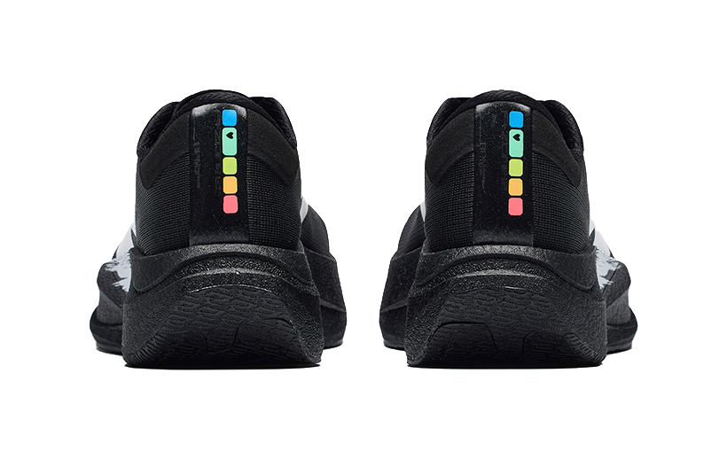 Women's running shoes, back view with padded heel and colorful heel label