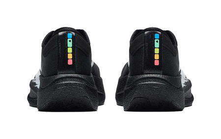 Women's running shoes, back view with padded heel and colorful heel label