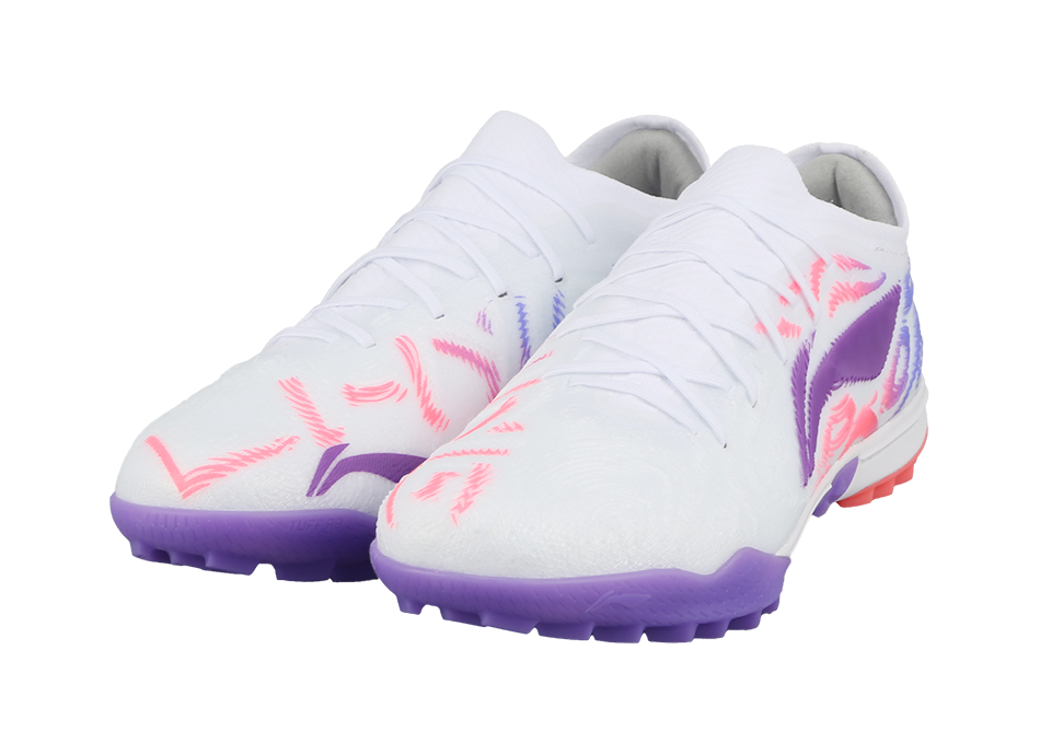 Pair of white soccer shoes with purple heel and pink graphic overlays, lace-up