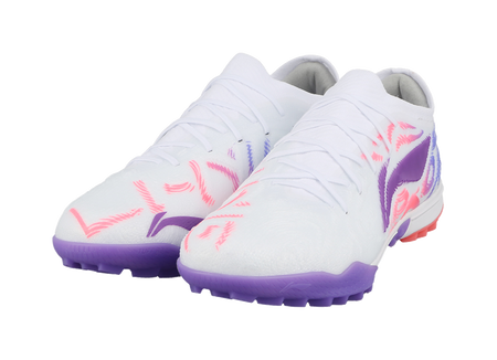 Pair of white soccer shoes with purple heel and pink graphic overlays, lace-up