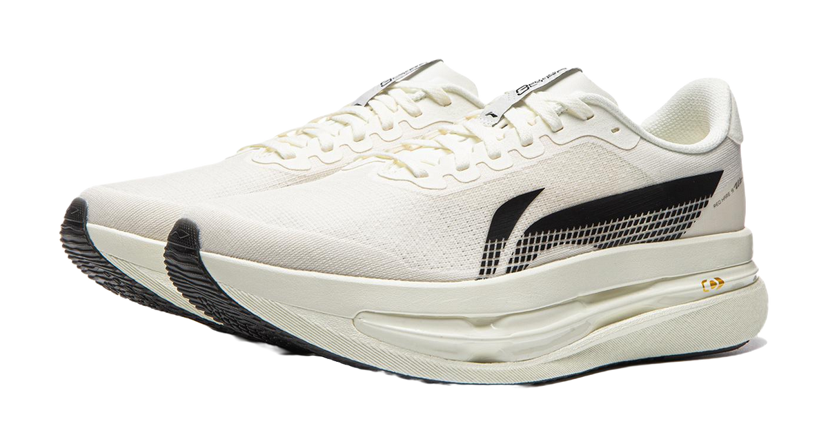 Li-Ning running shoe, champagne white upper with black logo and cushioned sole