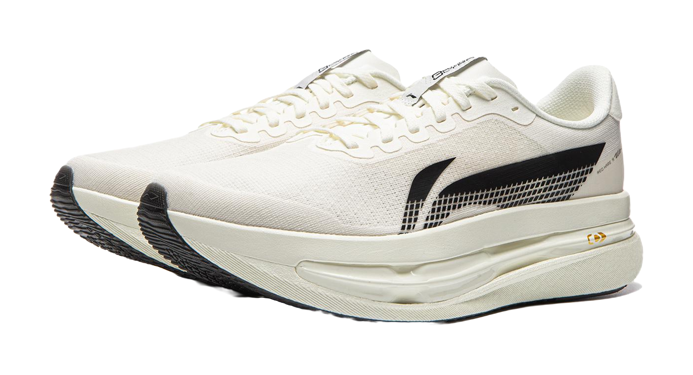 Li-Ning running shoe, champagne white upper with black logo and cushioned sole