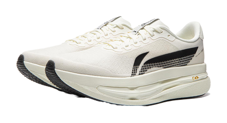 Li-Ning running shoe, champagne white upper with black logo and cushioned sole