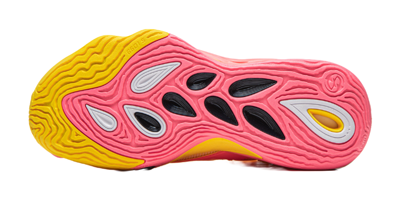 Basketball shoe outsole view with pink tread pods and yellow perimeter