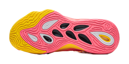 Basketball shoe outsole view with pink tread pods and yellow perimeter