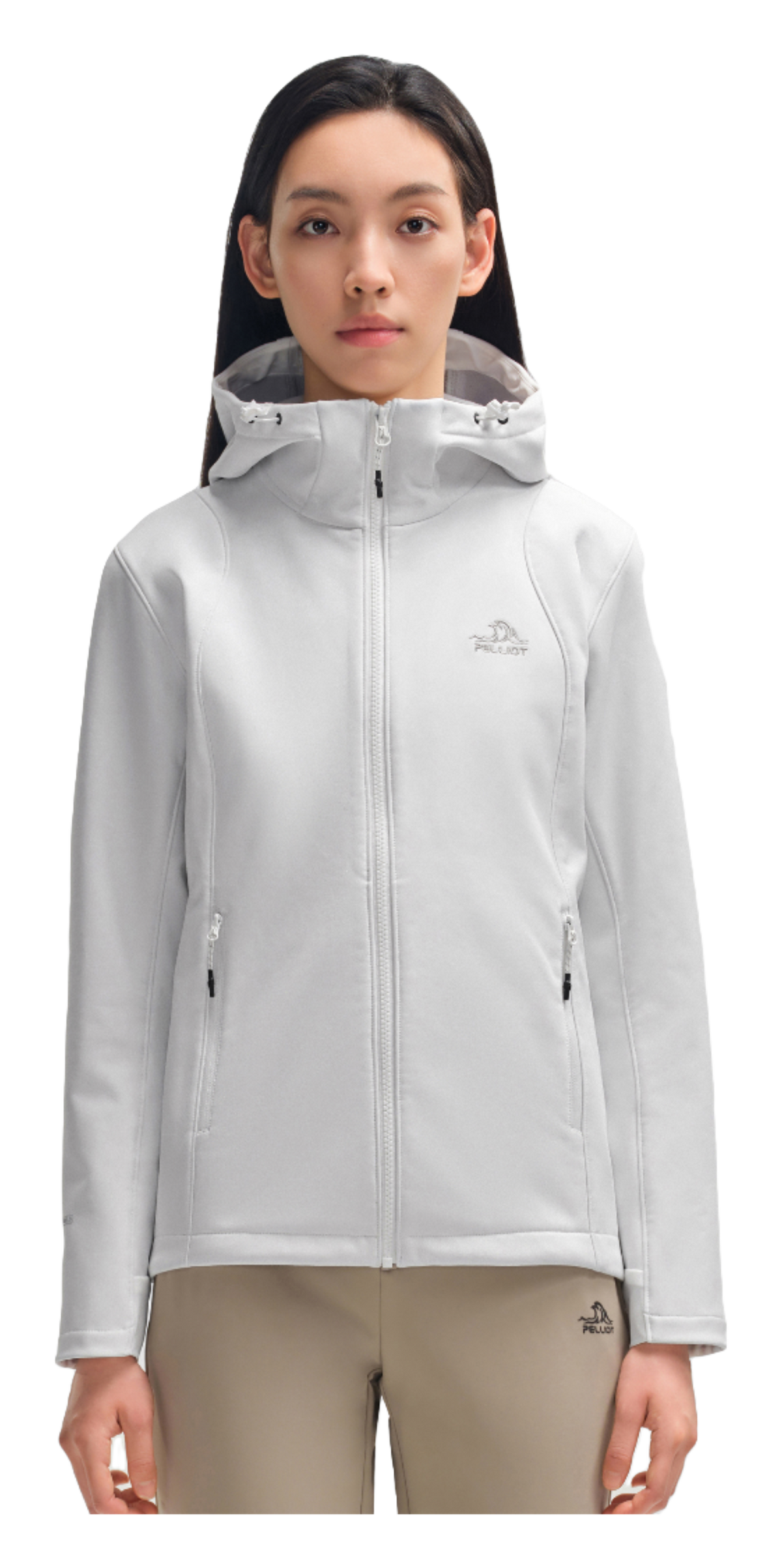 Women's soft shell jacket in white with full zip, hood, and chest logo