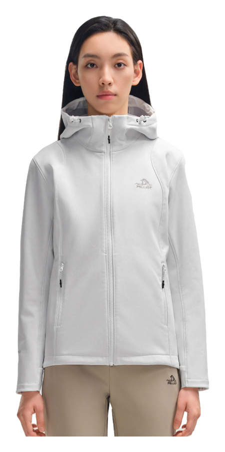 Women's soft shell jacket in white with full zip, hood, and chest logo