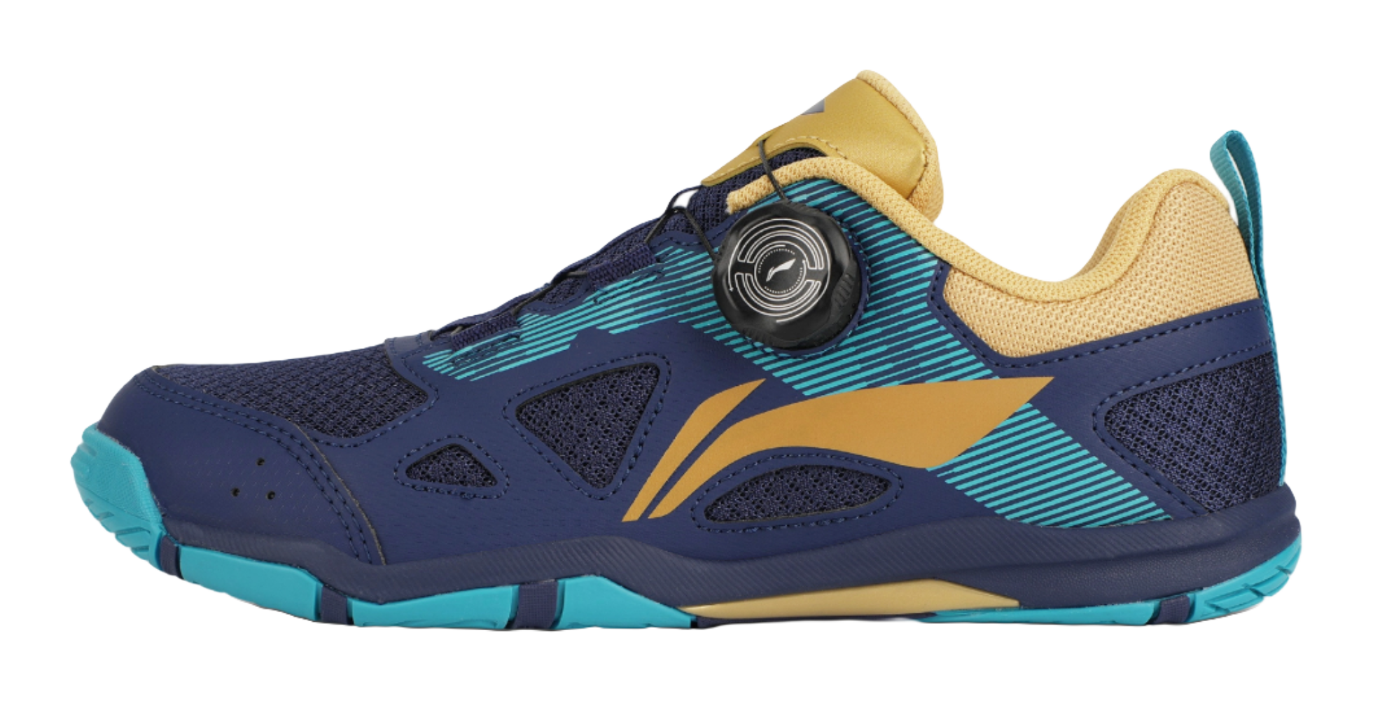 Table tennis shoe in dark blue with gold accents and teal outsole detailing