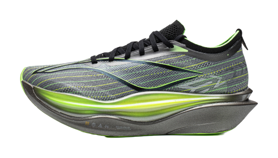 Unisex carbon plate running shoe, silver-gray knit with neon green trim and black laces