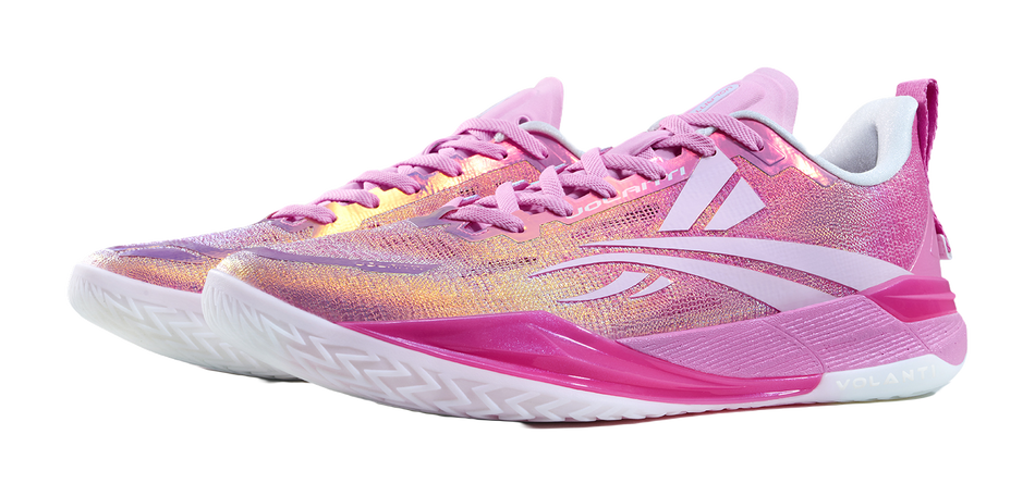 Unisex basketball shoes, pink iridescent laced upper with bold side stripe and white sole