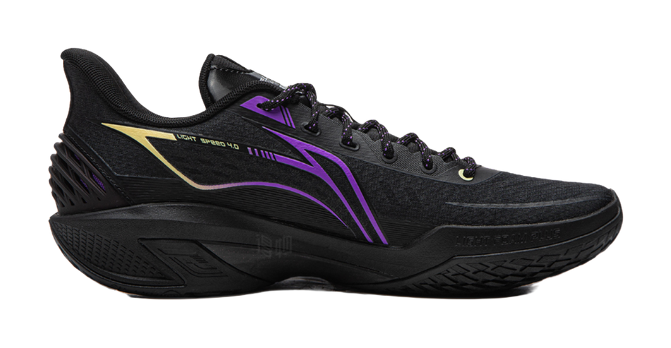 Black basketball shoe with purple stripes and yellow accent on the side