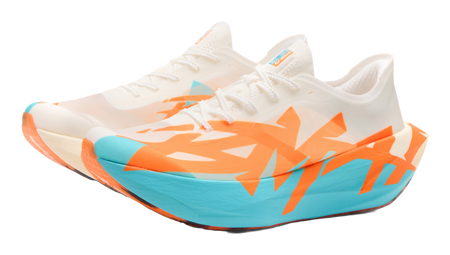 Men's low-top running shoes, white with orange and sky-blue accents, lace-up design