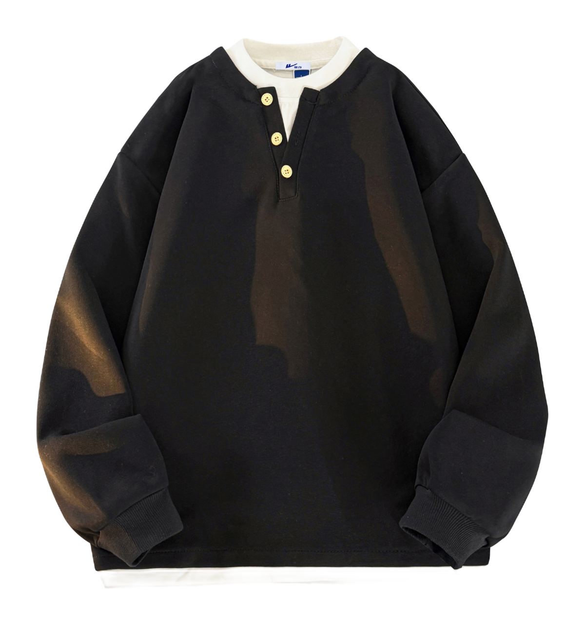 Warrior Revival Wind and Wave Series American Trendy College Style Letter Print Color Contrast Splicing Fake Two Piece Loose Casual Versatile Hoodie Bottom Wear Warm Henley Collar Long Sleeve T-shirt Unisex  vjsneaker.com